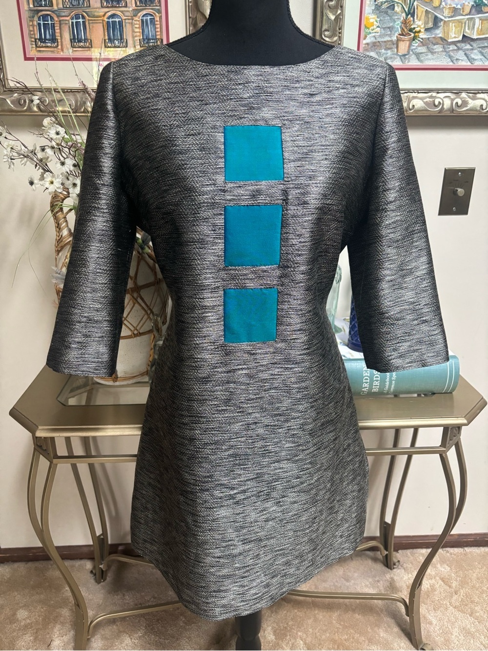Designer 100% Thai Silk Grey Metallic Shift Dress by SMITH Corporate Retro Sz 10
